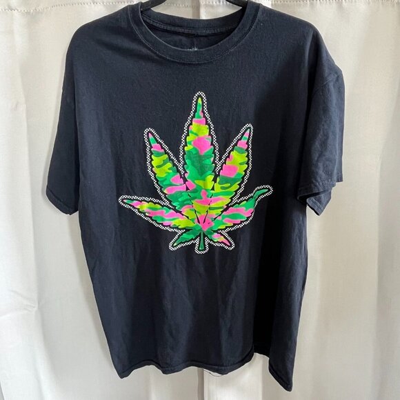Spencer's Other - SPencer Mens Pot Leaf Shirt Large Black Neon Graphic Y2K Hippie Streetwear 16744